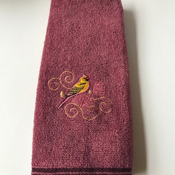 Vintage Oriole Bird Tea Towel Embroidered Hand Kitchen Bath Yellow Burgundy - Picture 3 of 14